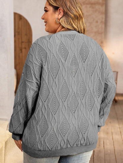 Cozy Gray Hollow Knit Plus Size Button-Up Cardigan