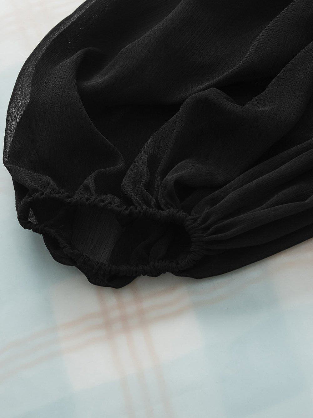 Elegant Black Mesh Puff Sleeve Ribbed Top