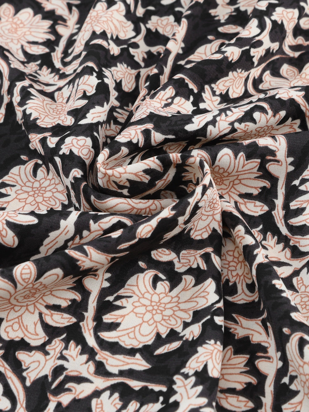 Elegant Black Floral V-Neck Pleated Blouse with Puff Sleeves