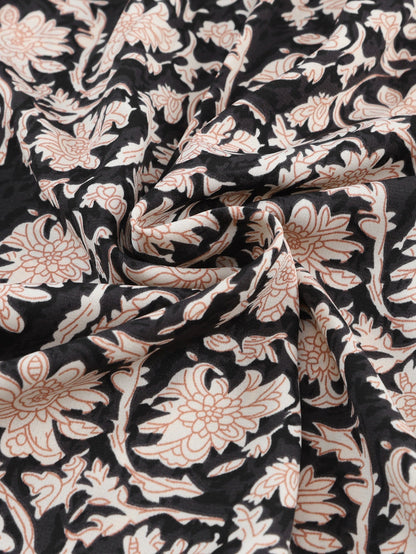 Elegant Black Floral V-Neck Pleated Blouse with Puff Sleeves