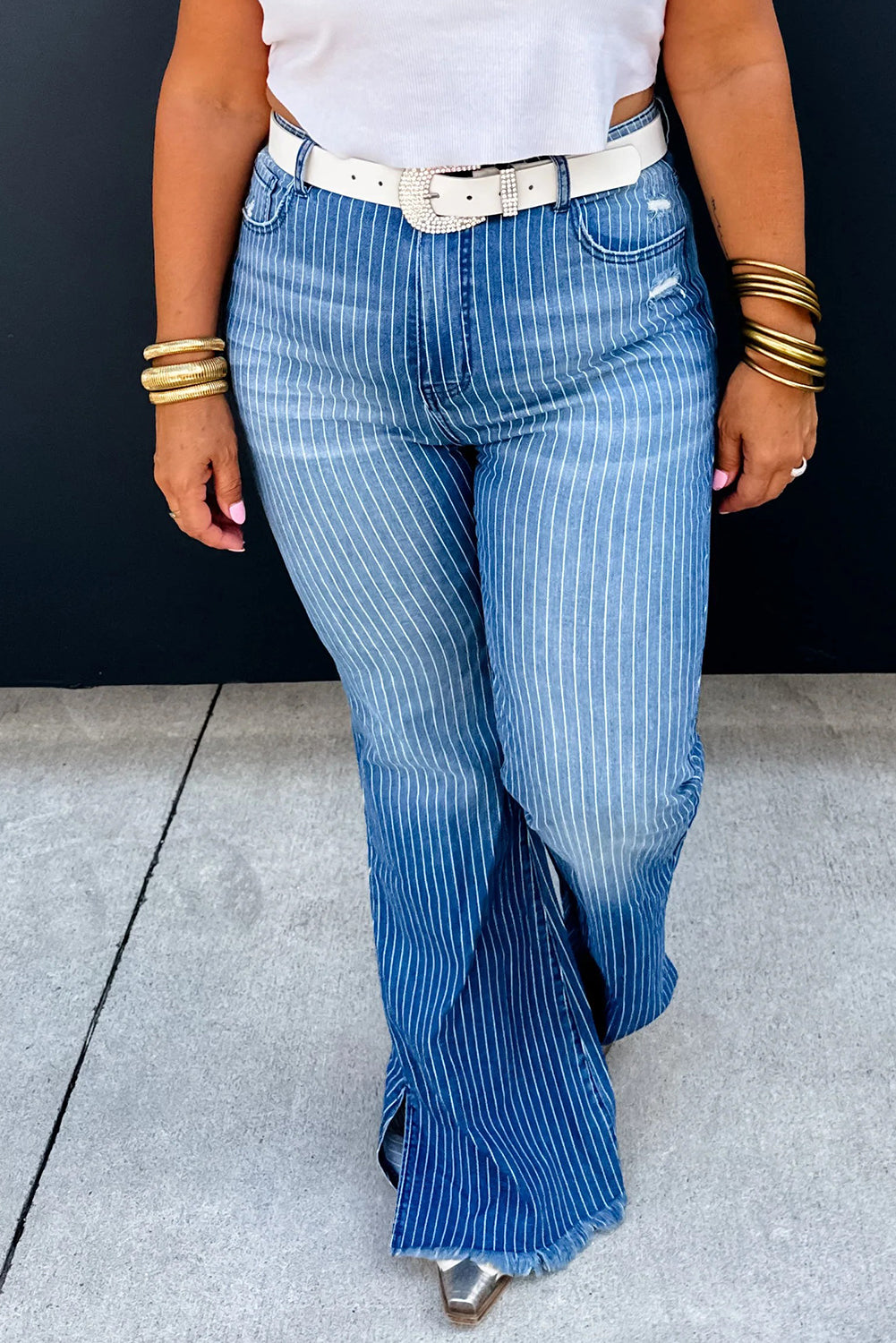 Sky Blue Stripe Raw Hem Split Leg Flared Jeans