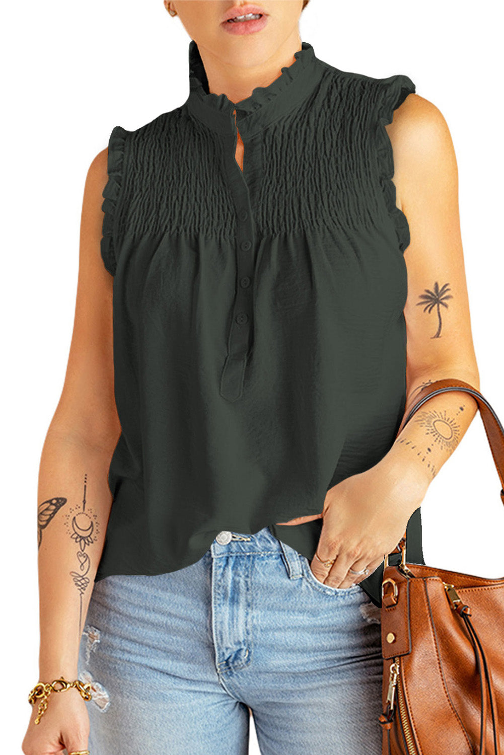 Green Buttoned Frill Tank Top
