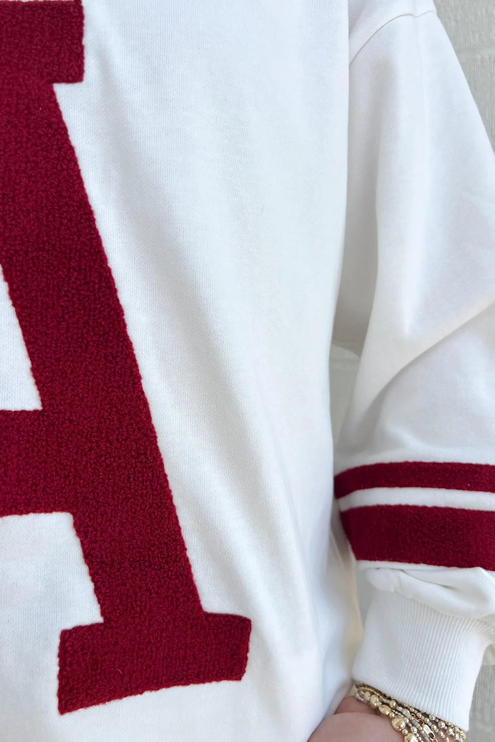 Red Dahlia Chenille Letter A Graphic Varsity Striped V Neck Puff Sleeve Sweatshirt