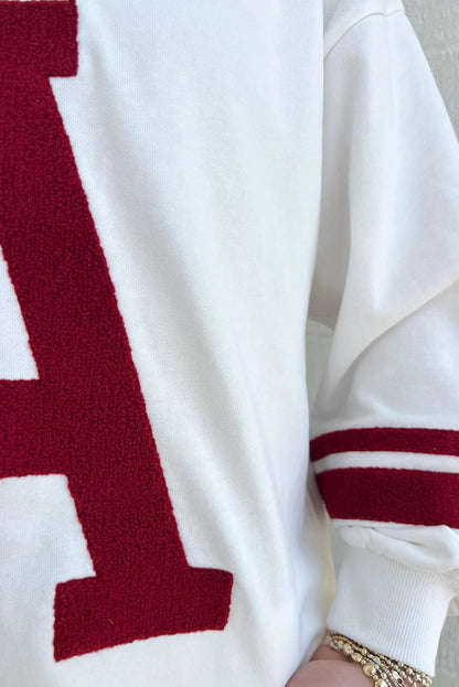 Red Dahlia Chenille Letter A Graphic Varsity Striped V Neck Puff Sleeve Sweatshirt