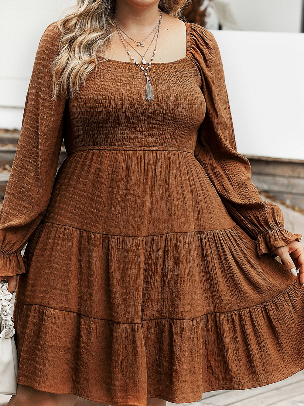 Chestnut Smocked Ruffle Sleeve Plus Size Tiered Mini Dress