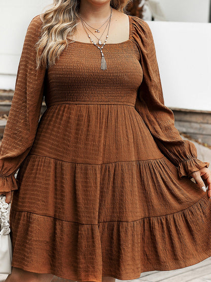 Chestnut Smocked Ruffle Sleeve Plus Size Tiered Mini Dress
