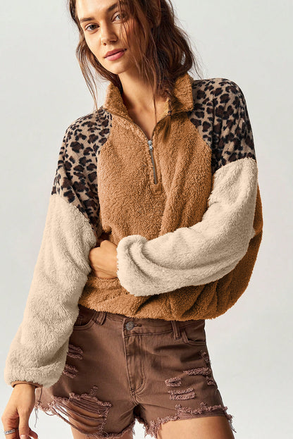 Camel Sherpa Color Block Leopard Patchwork Quarter Zip Plush Pullover Sweatshirt