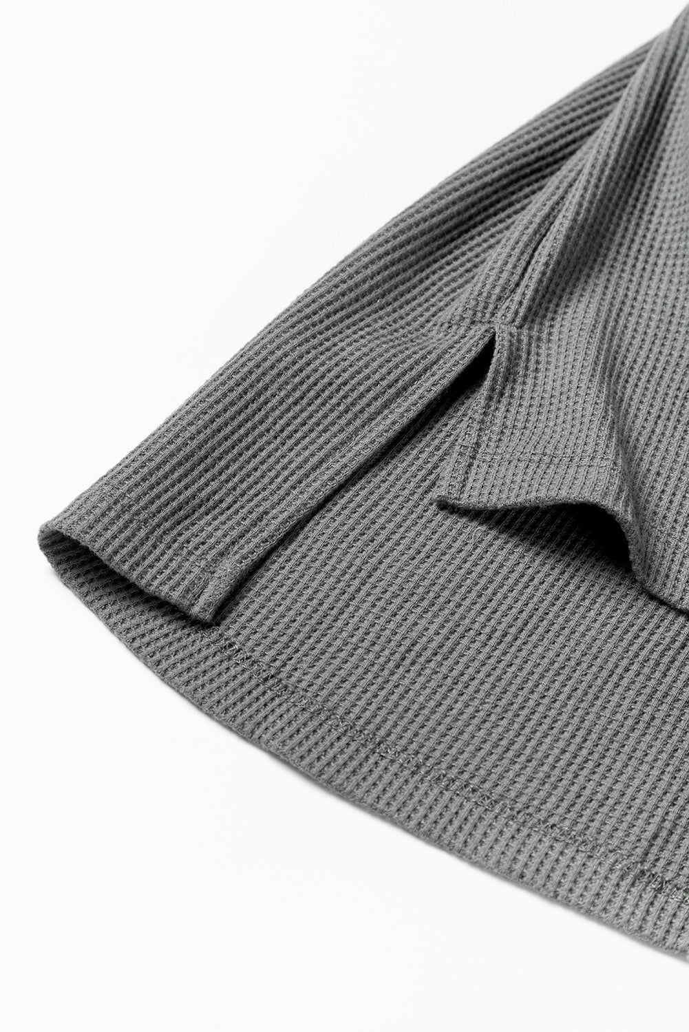 Gray Crinkled Texture Patchwork Waffle Knit Top with Bubble Sleeves