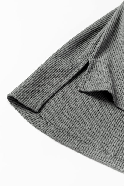 Gray Crinkled Texture Patchwork Waffle Knit Top with Bubble Sleeves