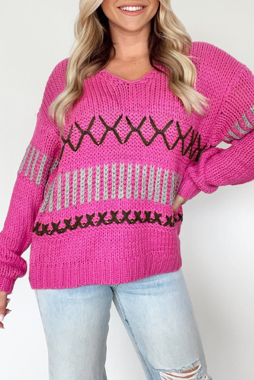 Bright Pink Contrast Stitch Detail V Neck Drop Shoulder Sweater