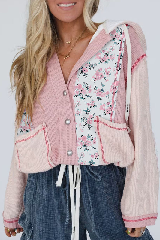 Light Pink Mixed Textured Colorblock Floral Patchwork Hooded Shacket