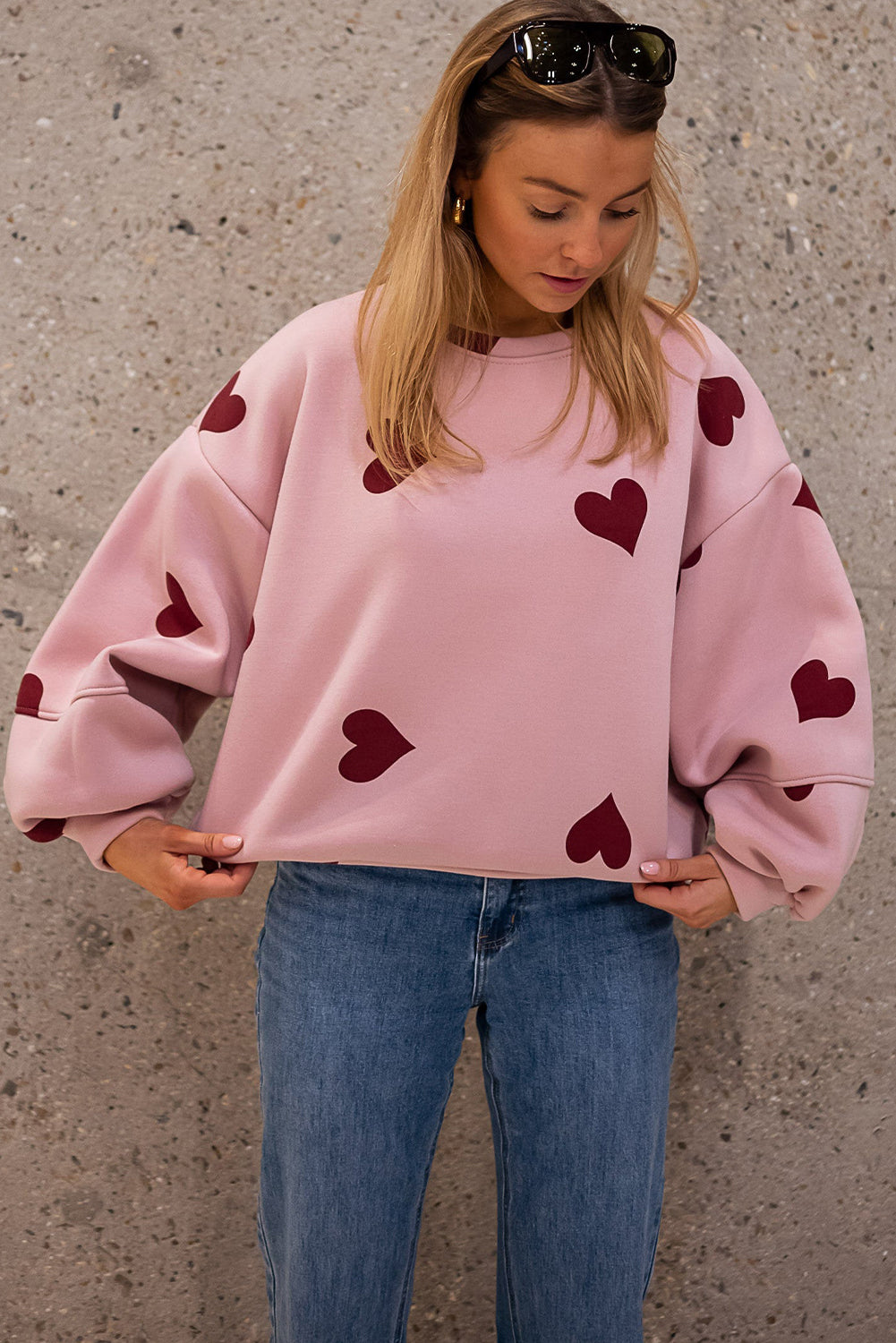 Pink Sweat Heart Print Patchwork Puff Sleeve Oversize Sweatshirt
