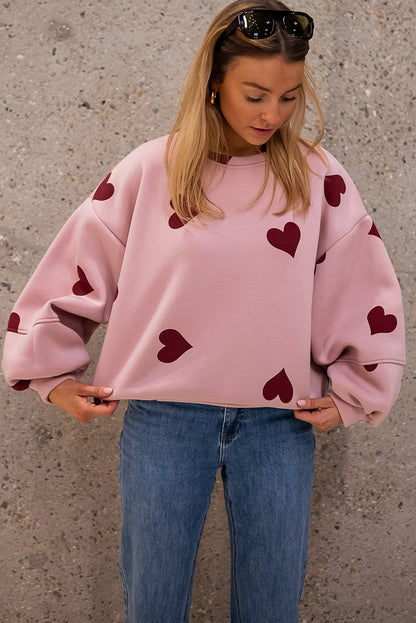 Pink Sweat Heart Print Patchwork Puff Sleeve Oversize Sweatshirt