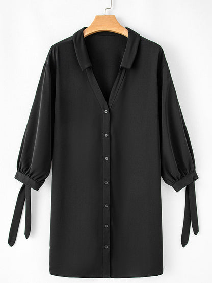 Black Plus Size Tie Cuffs V Neck Shirt Dress