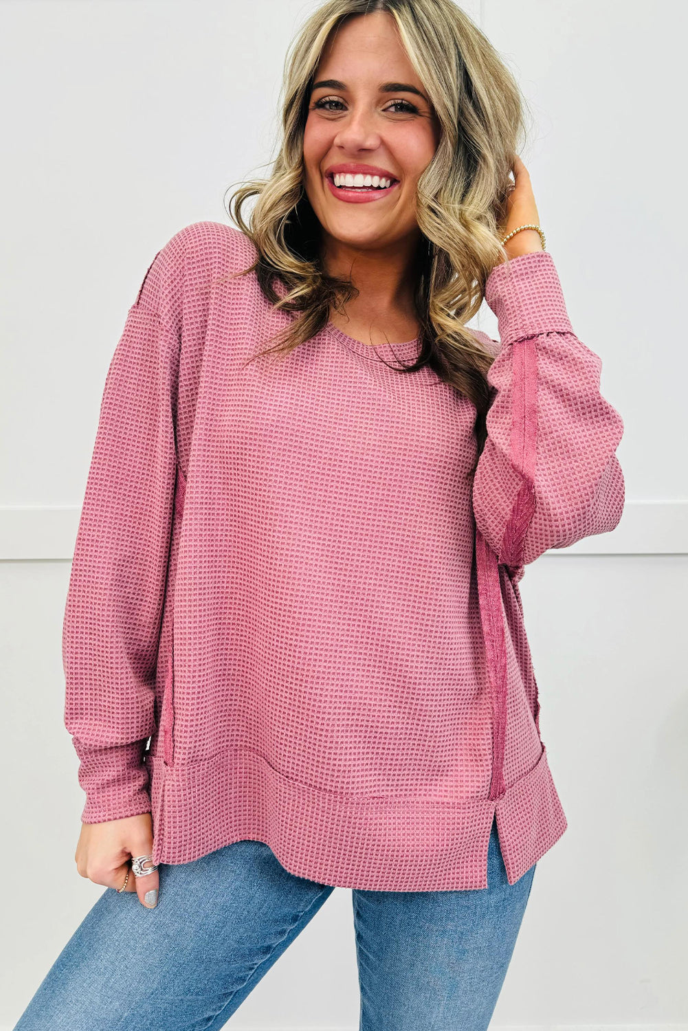 Fushia Waffle Knit Contrast Patched Detail Side Slit Oversize Pullover