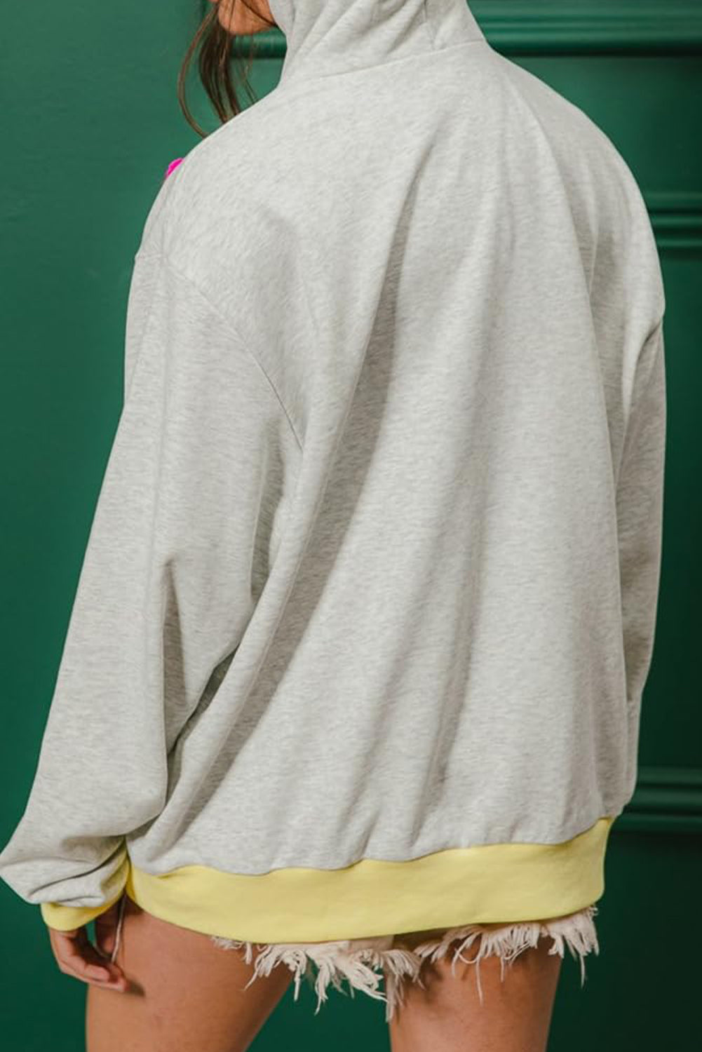 Light Grey Flower Patched Contrast Trim Pullover Hoodie