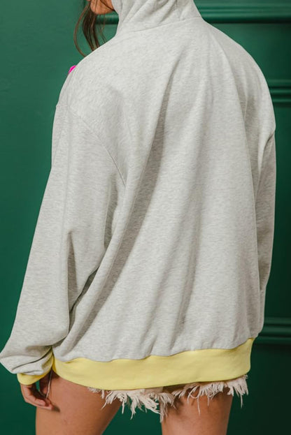 Light Grey Flower Patched Contrast Trim Pullover Hoodie