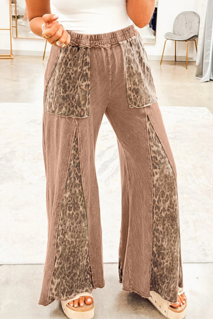 Straw Yellow Mineral Wash Leopard Patchwork Wide Leg Pants