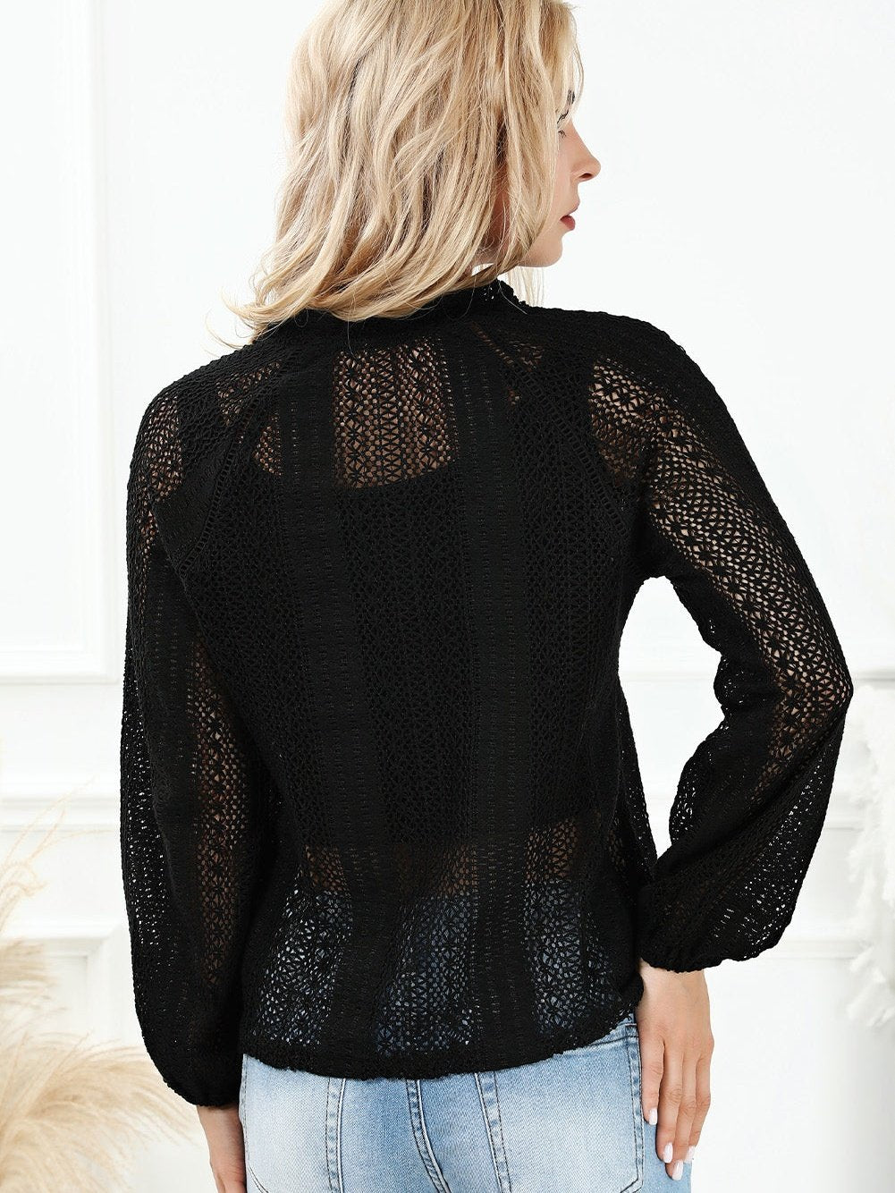 Elegant Black Lace V-Neck Button Up Blouse