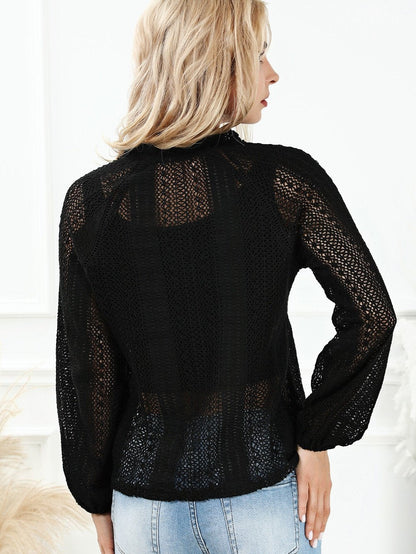 Elegant Black Lace V-Neck Button Up Blouse