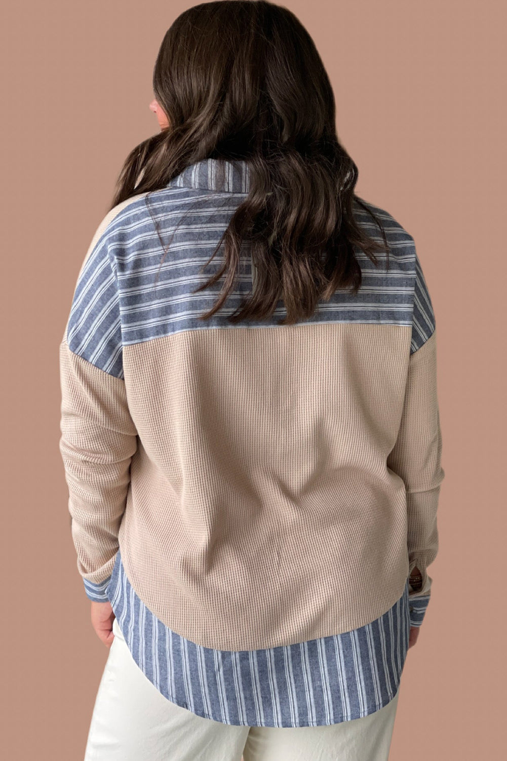 Parchment Plus Size Waffle Stripe Patchwork Shirt Collar Long Sleeve Top