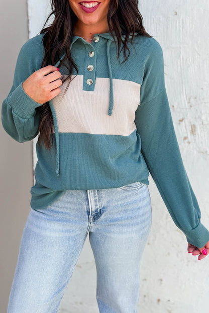 Canton Color Block Ribbed Knit Button Neck Drop Shoulder Hoodie