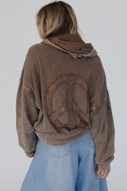 Dark Brown Mineral Wash Button Drawstring Neck Hooded Sweatshirt