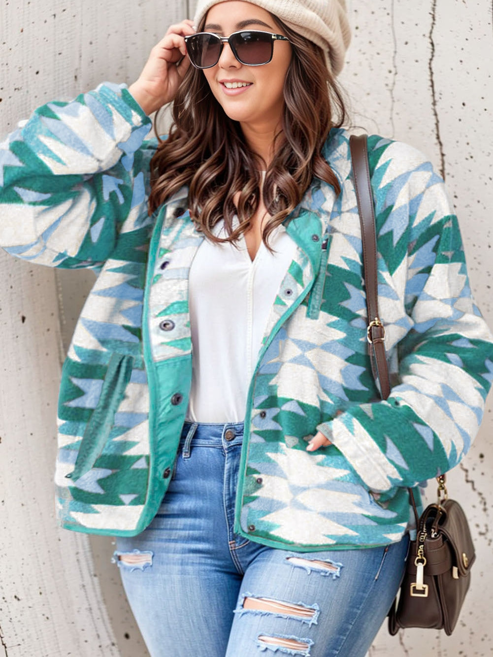 Green Geometric Aztec Pattern Plus Size Fleece Jacket