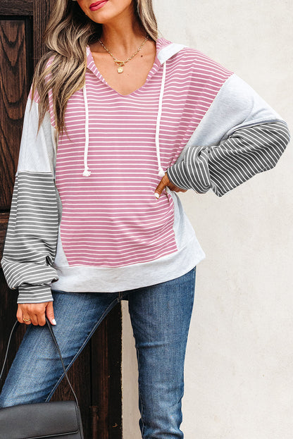 Pink Stripe Color Block Drawstring V Neck Loose Fit Hooded Top