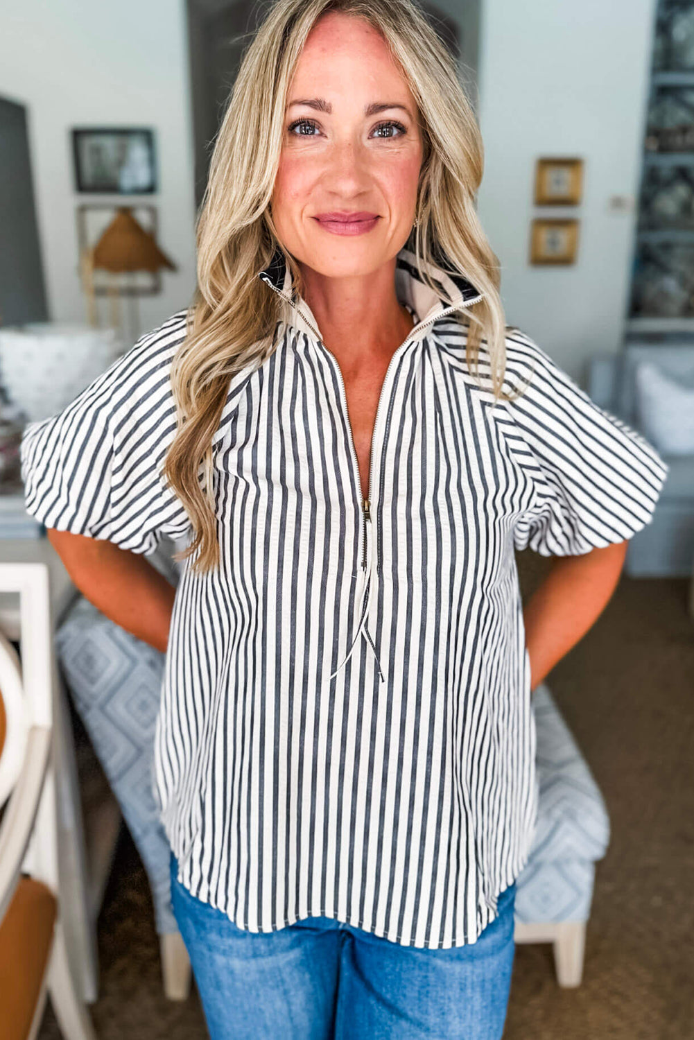 Black Stripe Contrast Webbing Patchwork Half Zip Short Puff Sleeve Blouse