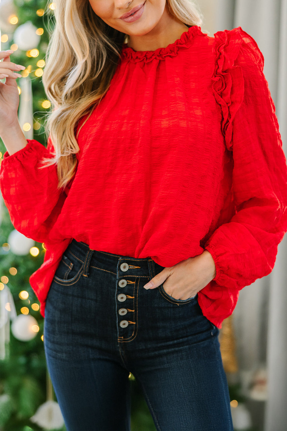 Fiery Red Solid Color Textured Ruffled Detail Long Sleeve Blouse