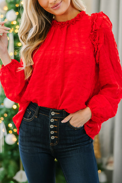 Fiery Red Solid Color Textured Ruffled Detail Long Sleeve Blouse