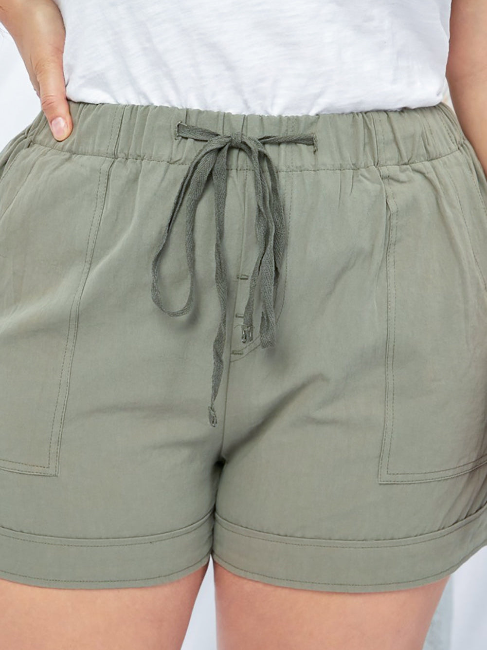 Green Cotton High Waist Loose Fit Shorts with Drawstring Waistband