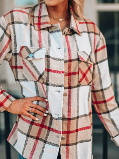 Khaki Plaid Print Sheath Button-Up Coat with Pockets