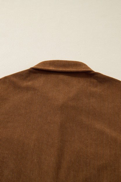 Camel Corduroy Full Buttoned Collared Shirt Style Plus Size Dress