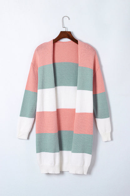 Green Striped Colorblock Open-Front Cardigan