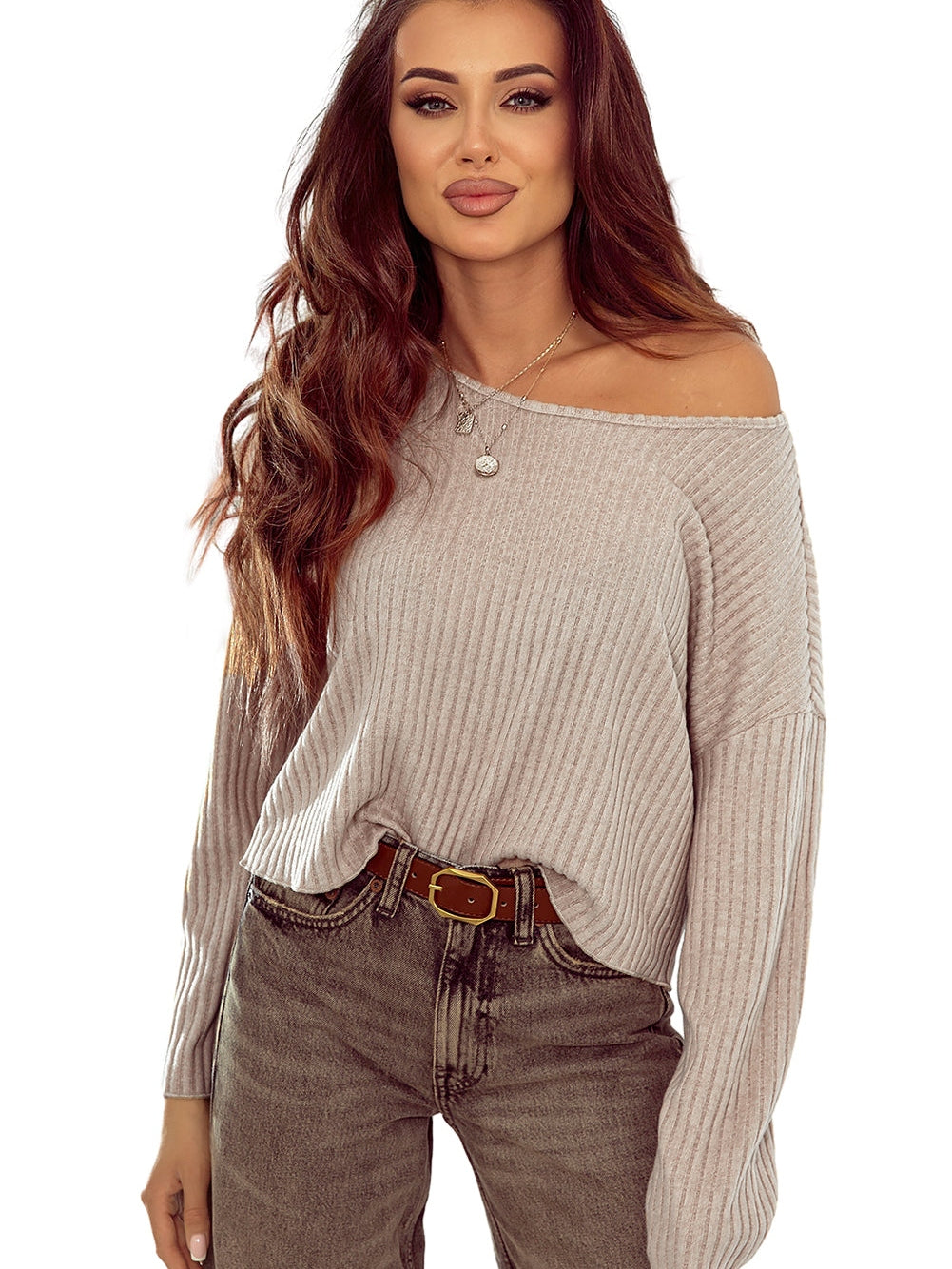 Beige Ribbed Knit Top with Lettuce Cuffs