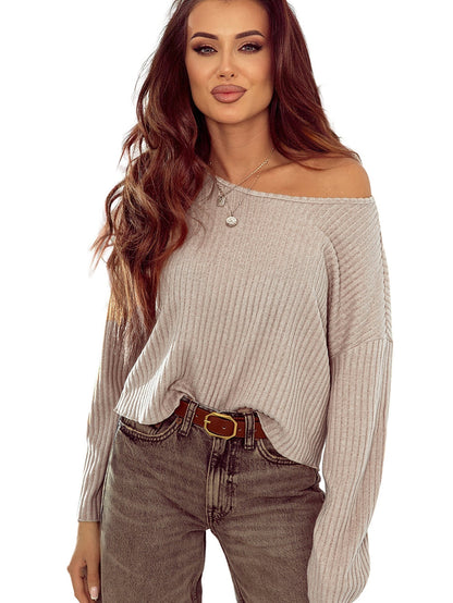 Beige Ribbed Knit Top with Lettuce Cuffs
