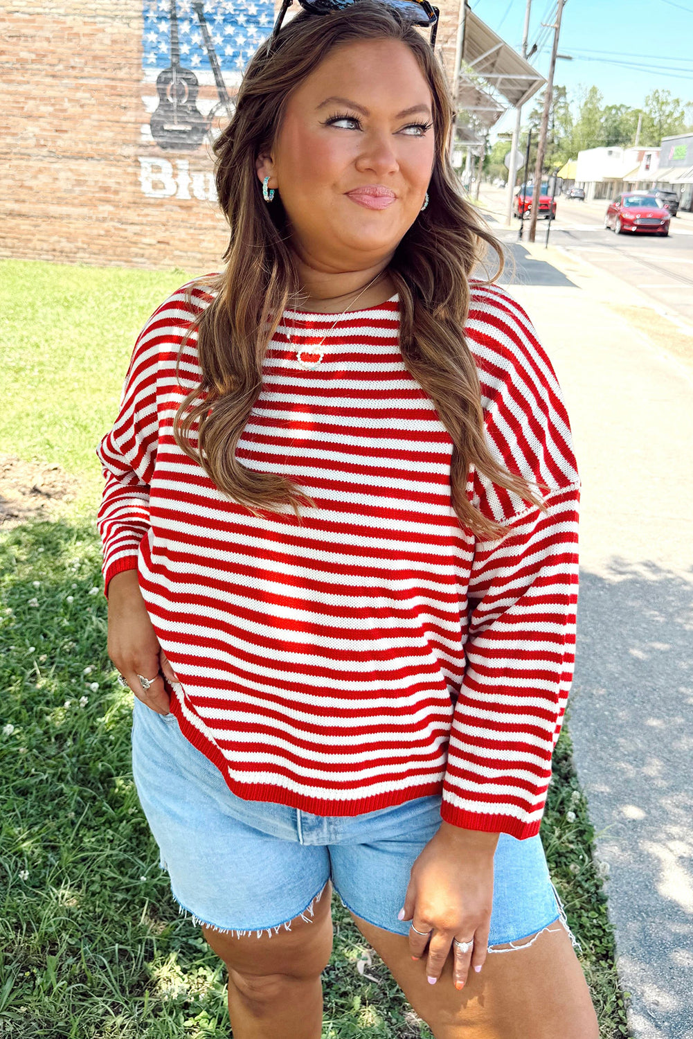 Red Stripe Drop Shoulder Round Neck Plus Sweater