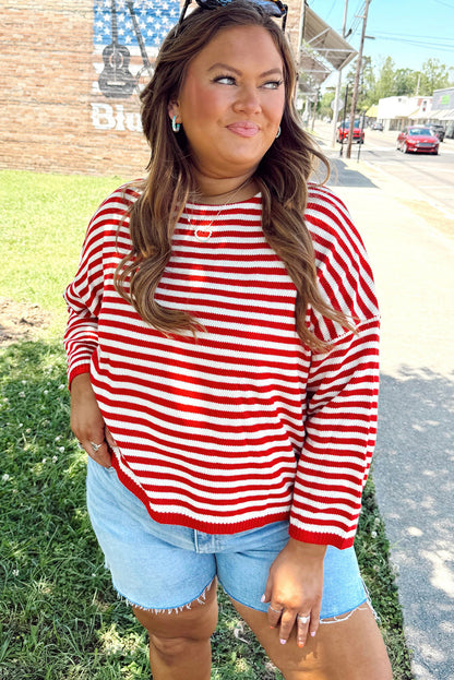 Red Stripe Drop Shoulder Round Neck Plus Sweater
