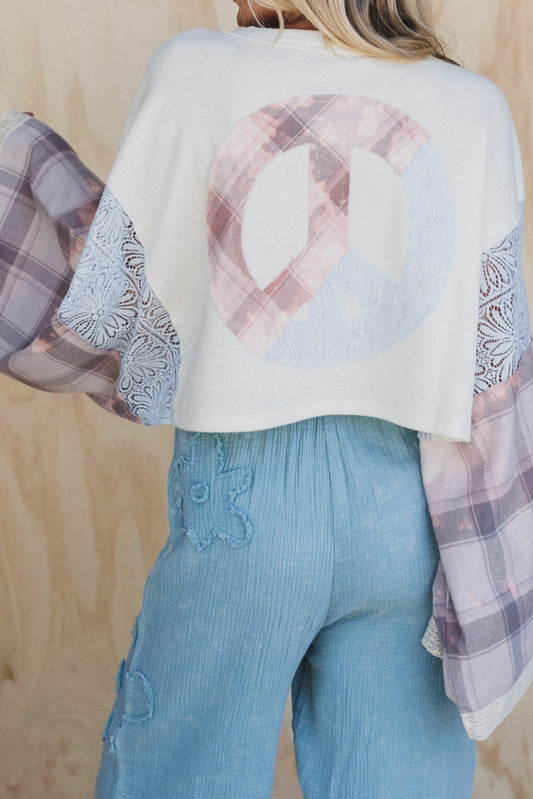 White Peace Sign Plaid Lace Patchwork Loose Long Sleeve Cropped Top