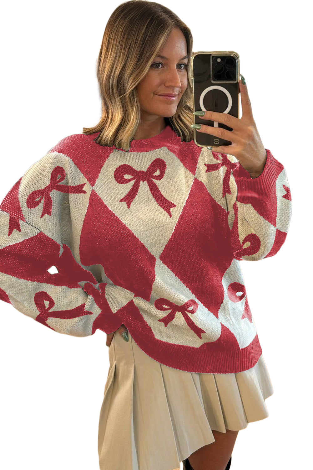 Red Bow Print 2-tone Rhombus Knit Loose Sweater