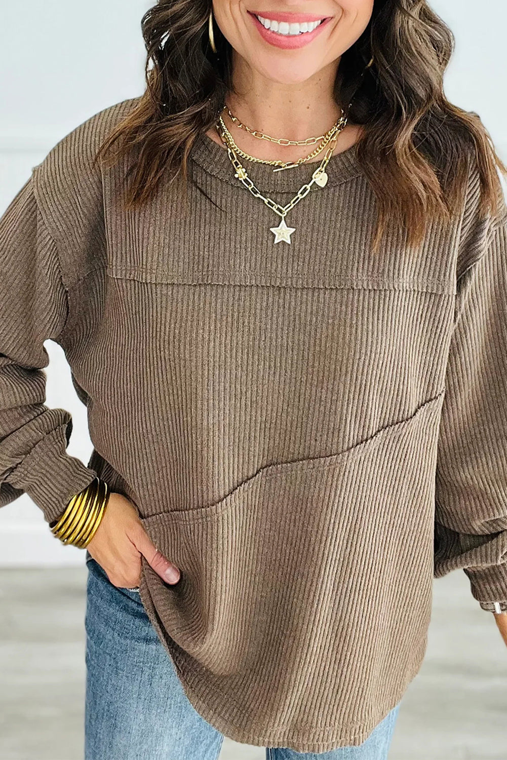 Dark Khaki Solid Color Ribbed Knit Exposed Seam Patchwork Long Sleeve Top