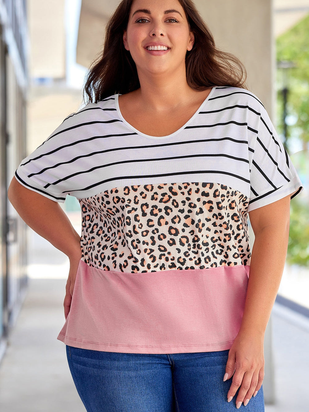 Striped Leopard Color Block Plus Size T-Shirt