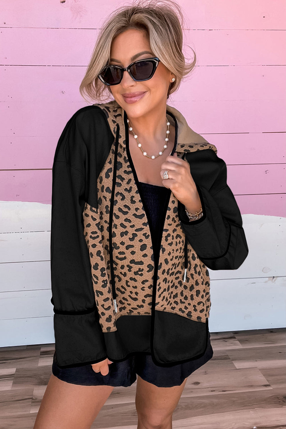 Black Leopard Star Hooded Patchwork Contrast Piping Open Front Jacket