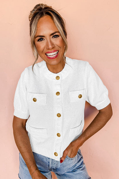 Elegant White Textured Knit Sweater with Gold Buttons