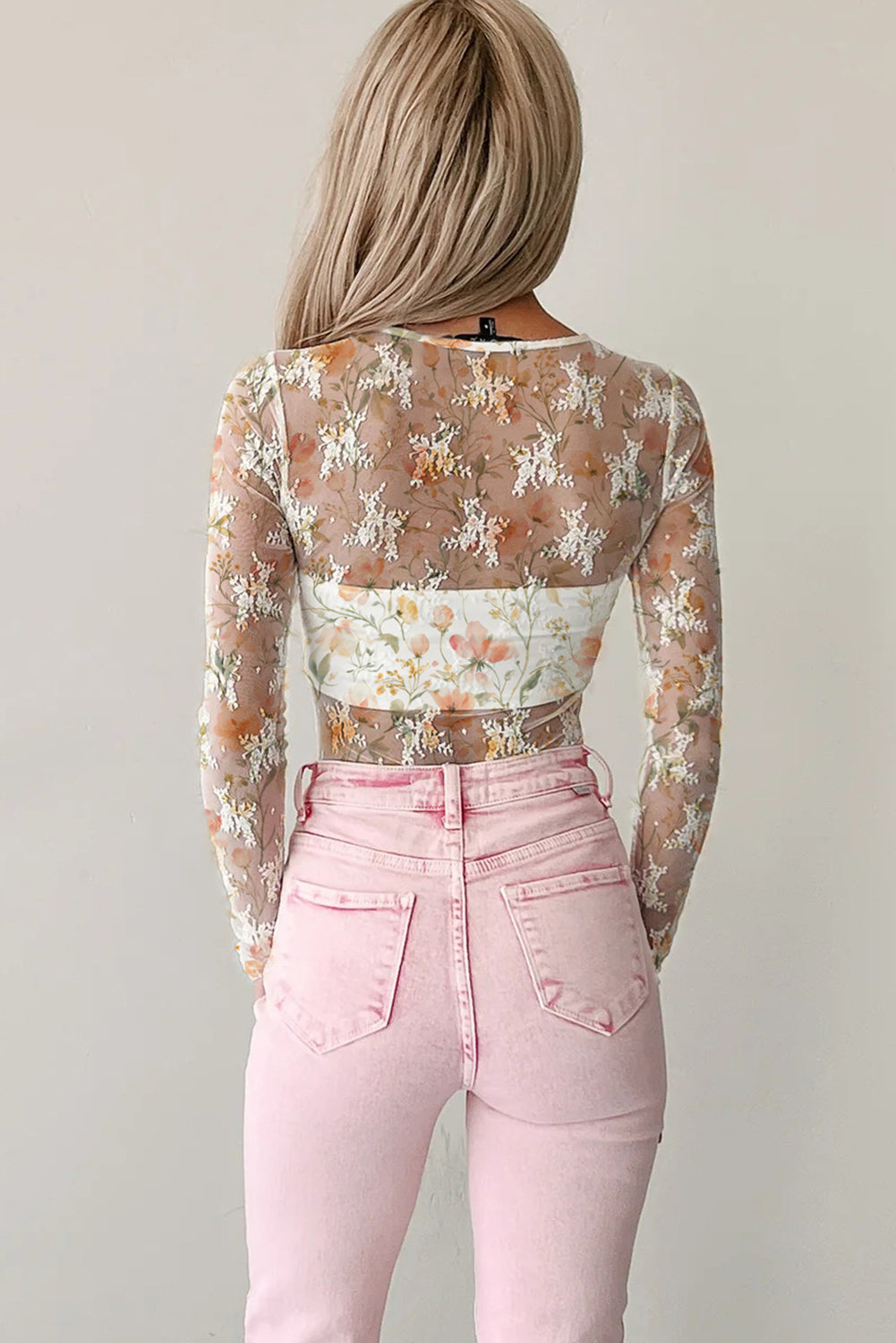 White Floral Sheer Mesh Round Neck Long Sleeve Bodysuit