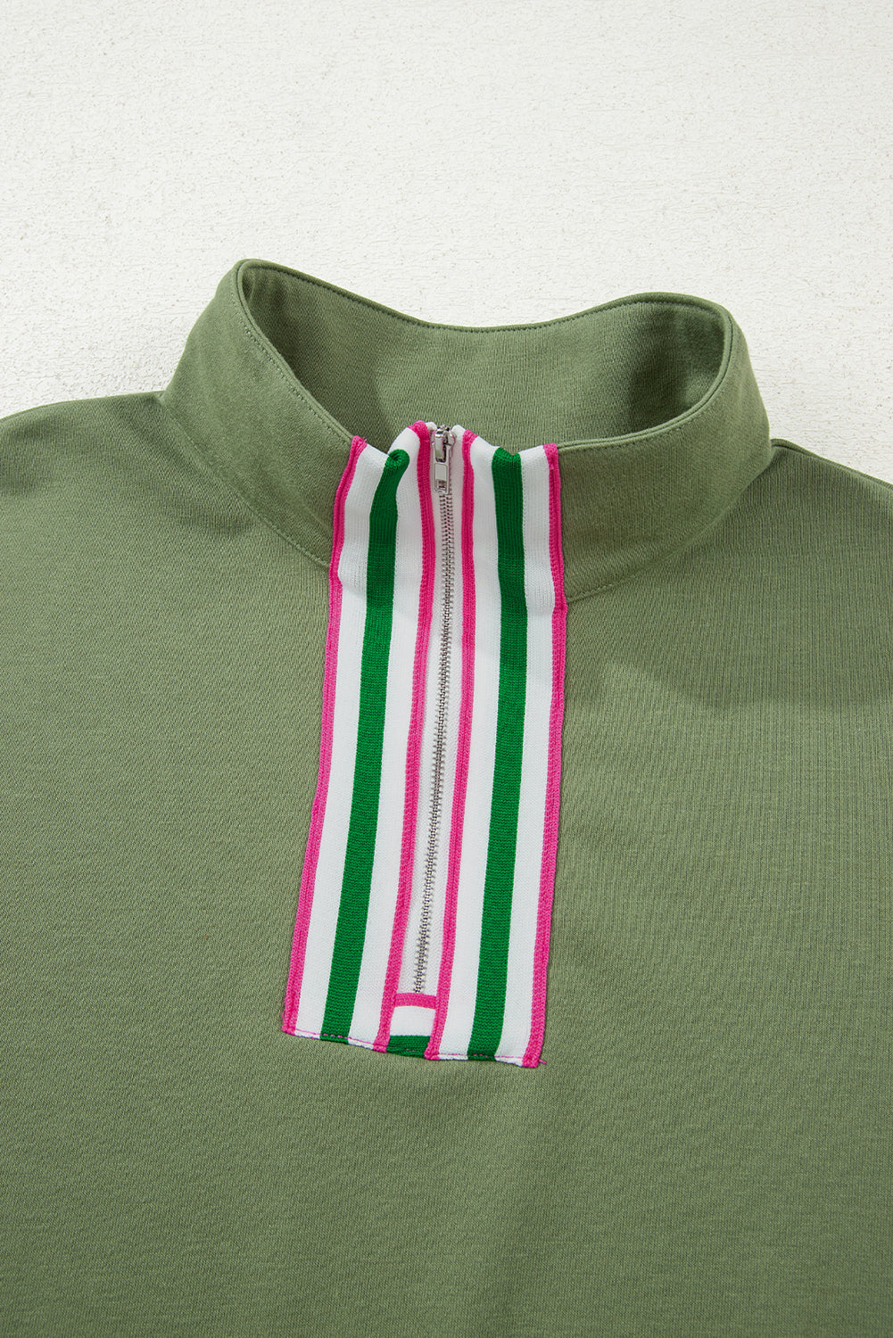 Vineyard Green Contrast Striped Patchwork Zip Collar Pullover Sweatshirt