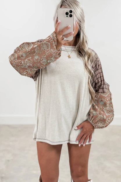 Jet Stream Plaid Floral Patchwork Puff Sleeve Ribbed Knit Top