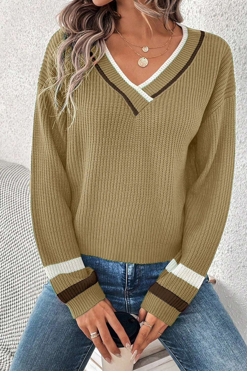 Khaki Contrast Striped Trim V Neck Drop Shoulder Sweater